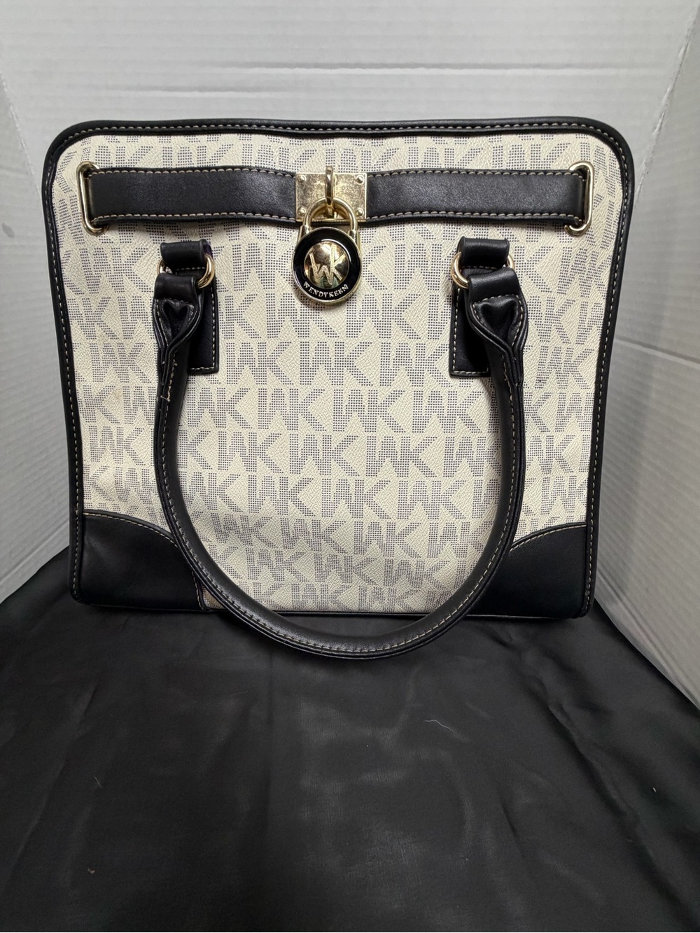 Wendy keen Cream and Black Logo-Print Tote with Gold Charm